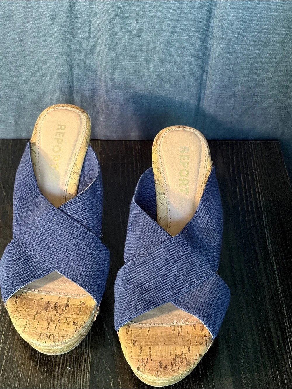 Report Navy Crisscross Cork Wedge Sandals